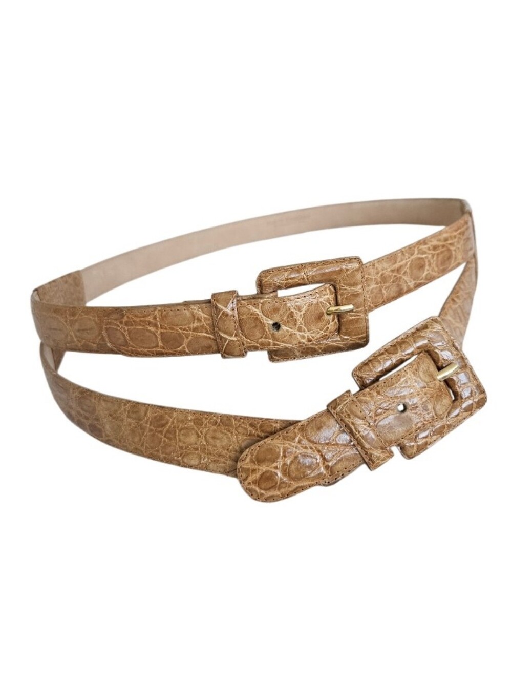Nancy Gonzalez Tan Croc-Embossed Double Wrap Belt with Gold Buckles